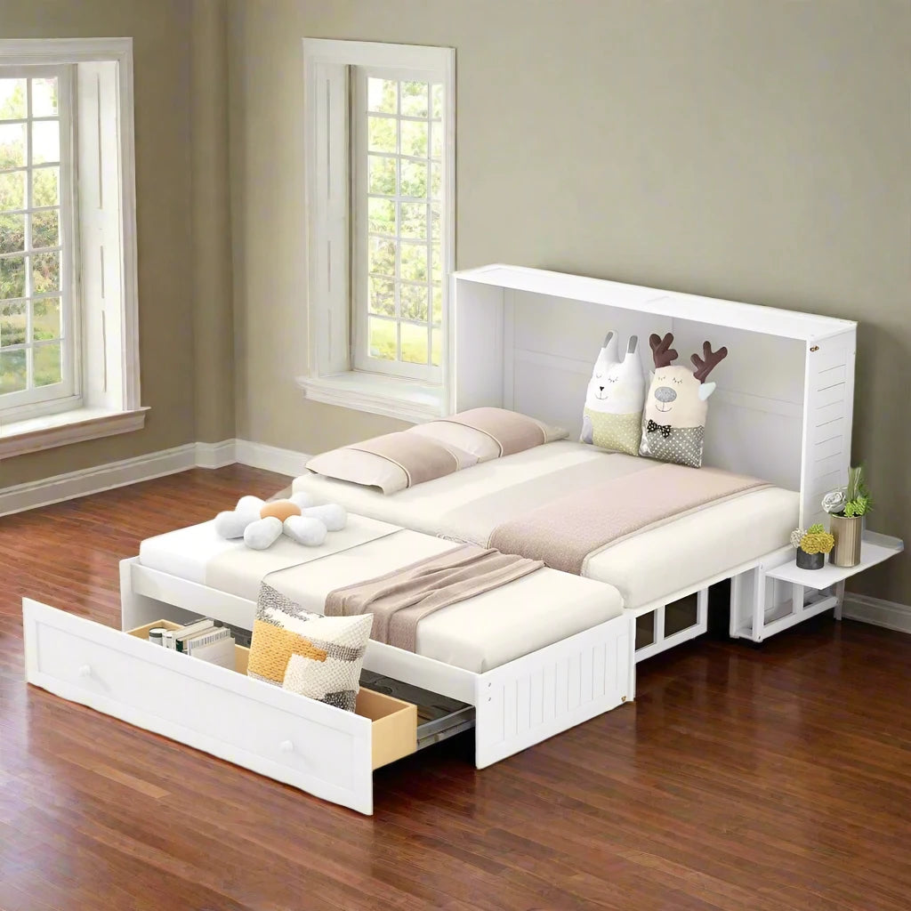 Queen Size Murphy Cabinet Bed with Storage, Drawer and Shelves