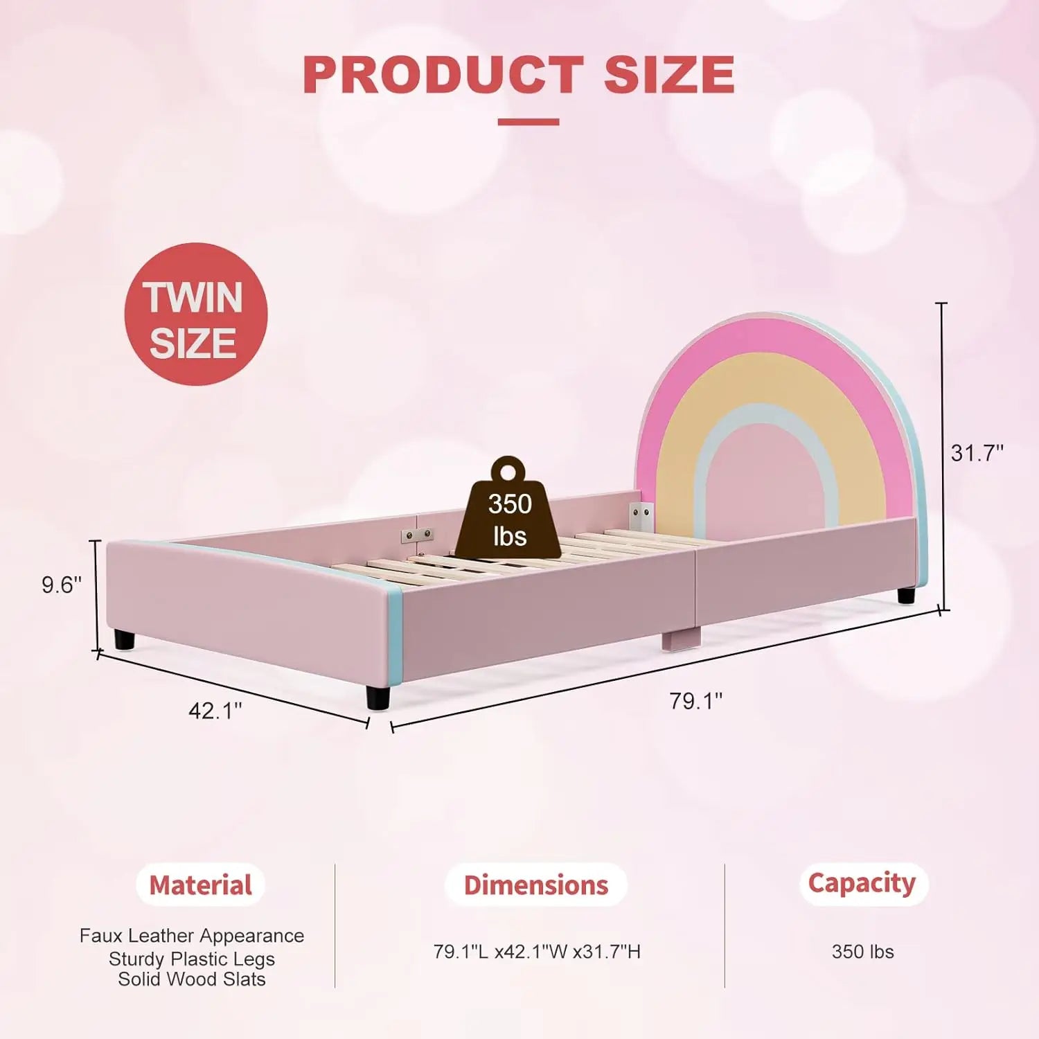Rainbow Upholstered Twin Platform Bed size chart