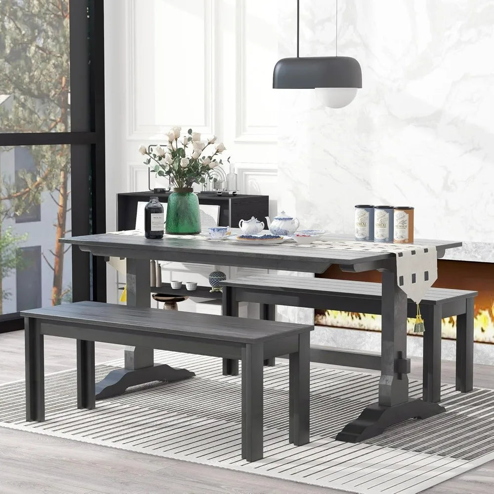 Dining Room Wood Table Set, 60'' Rectangular Trestle Table and 2 Benches