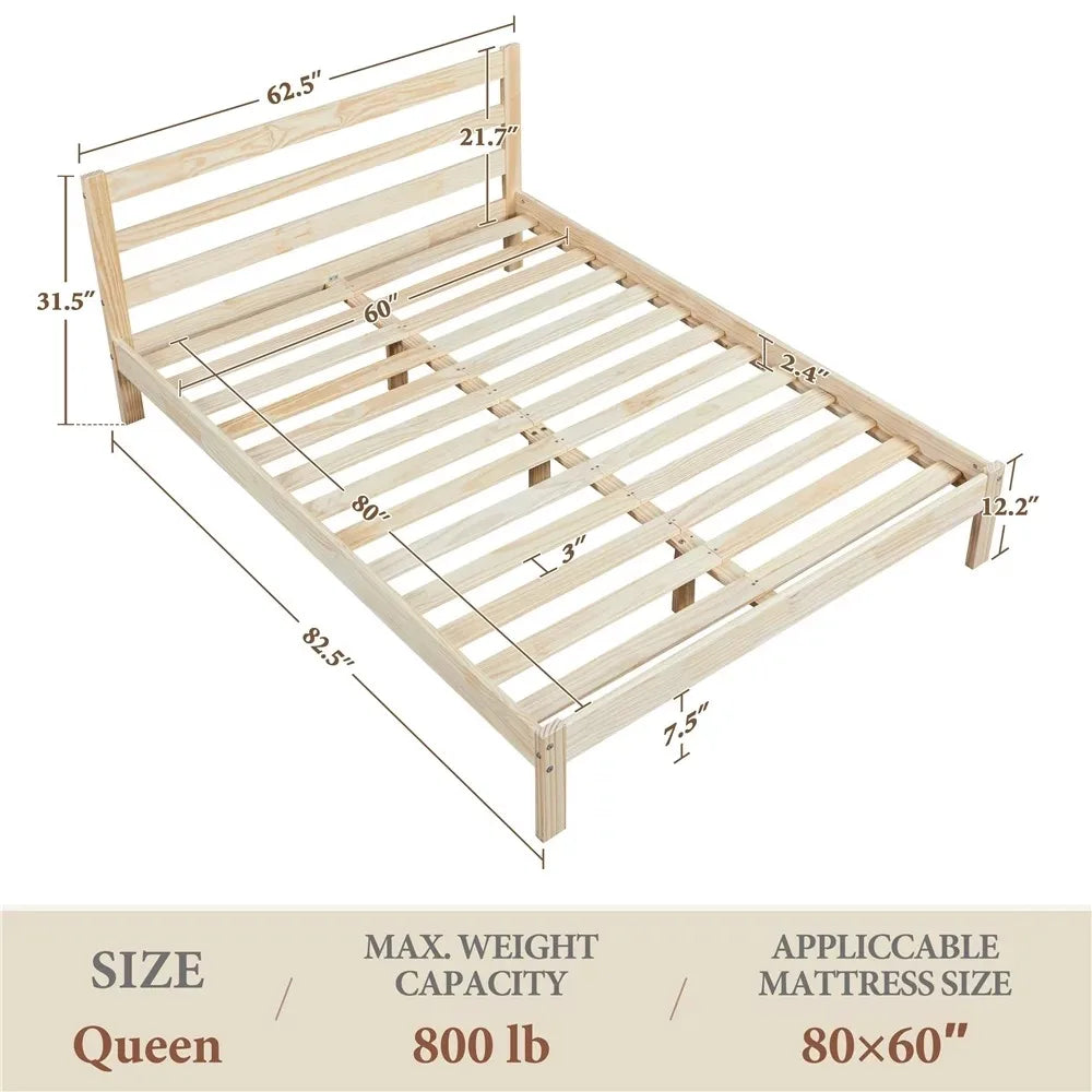 Solid Pine Wood Queen Platform Bed dimensions