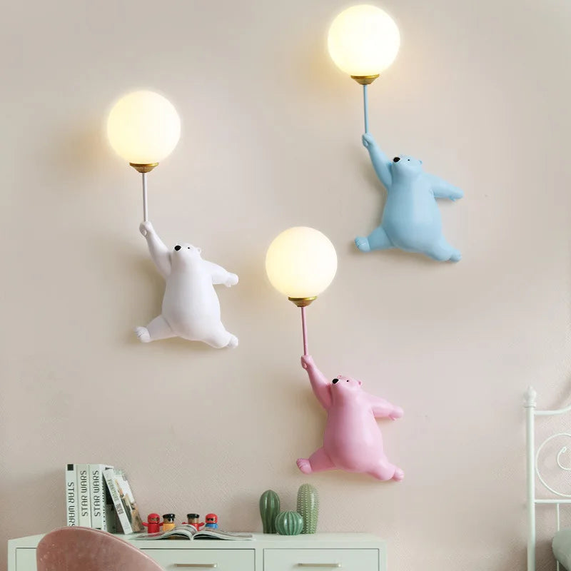 Teddy Bear Wall Lamps for Children's Bedroom in Pink Blue, or White