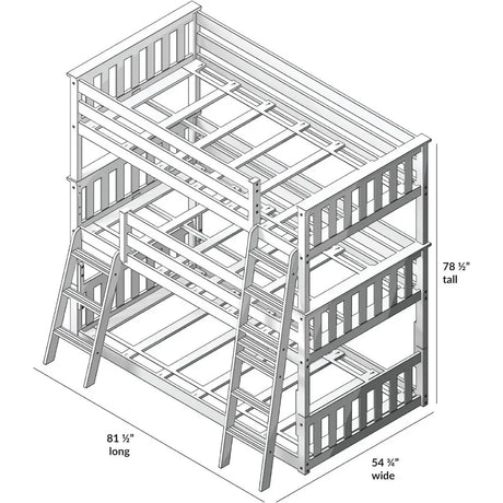 Triple Twin Bunk Bed - Solid Wood For Kids dimensions