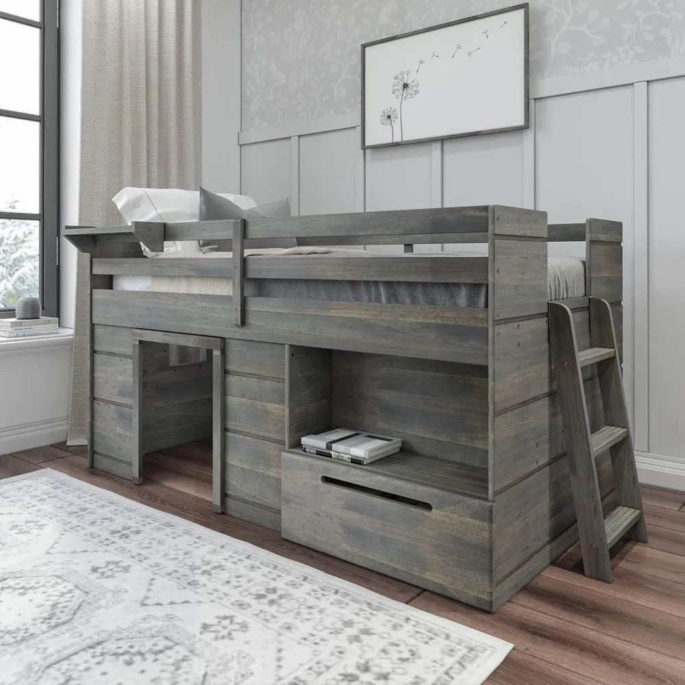 Twin Low Loft Bed with Storage Drawer and Ladder - Modern Farmhouse  driftwood