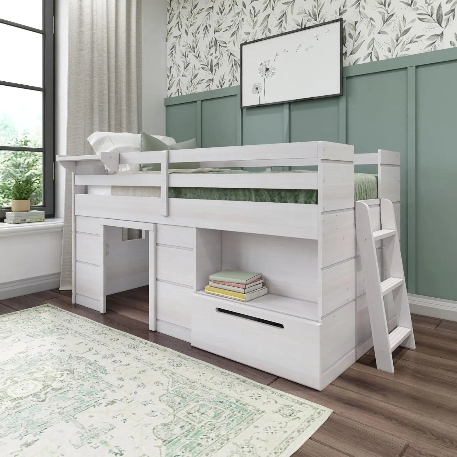 Twin Low Loft Bed with Storage Drawer and Ladder -  Modern Farmhouse white