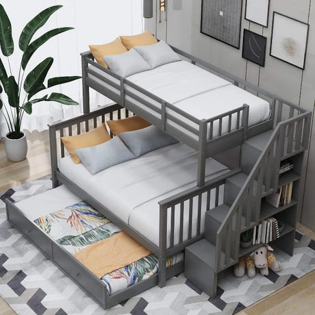 Twin Over Full Bunk Bed with Twin Size Trundle, Stairway, Storage and Guard Rail
