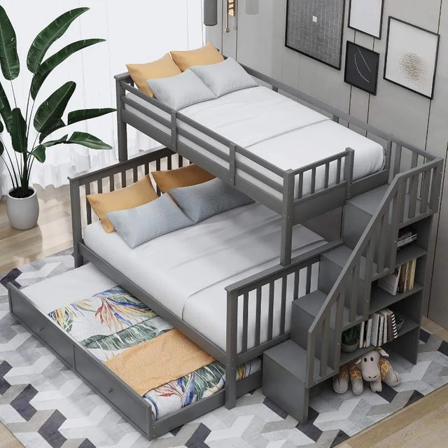 Twin Over Full Bunk Bed with Twin Size Trundle, Stairway, Storage and Guard Rail