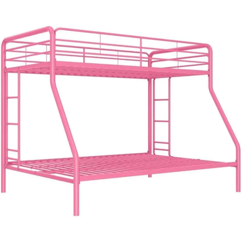 Twin Over Full Metal Bunk Bed Frame With Ladderand Guardrail pink