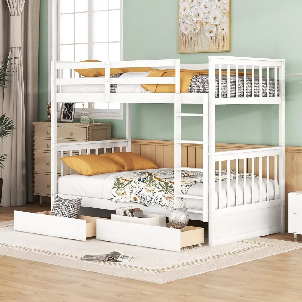 Twin Over Twin Bunk Bed with Drawers with Ladder and Two Storage Drawers in white