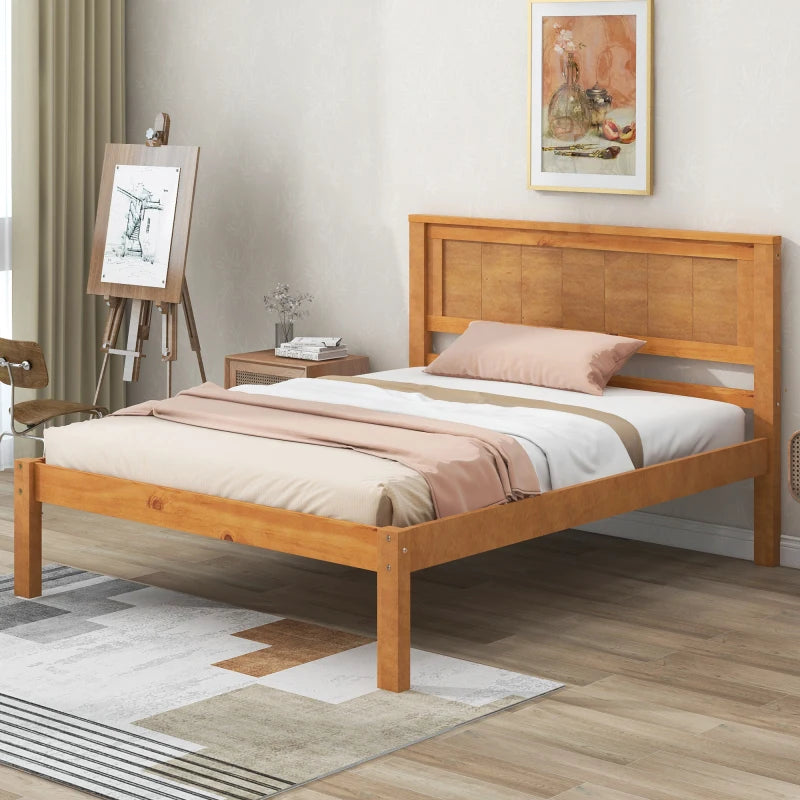 Twin Platform Bed Frame with Headboard & Wood Slat Support in Oak