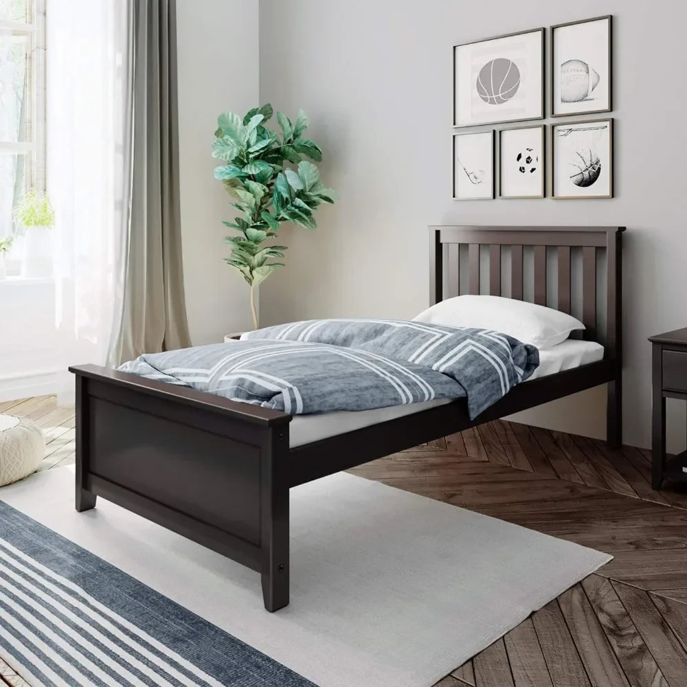Twin Platform Bed Frame with Wood Slatted Headboard