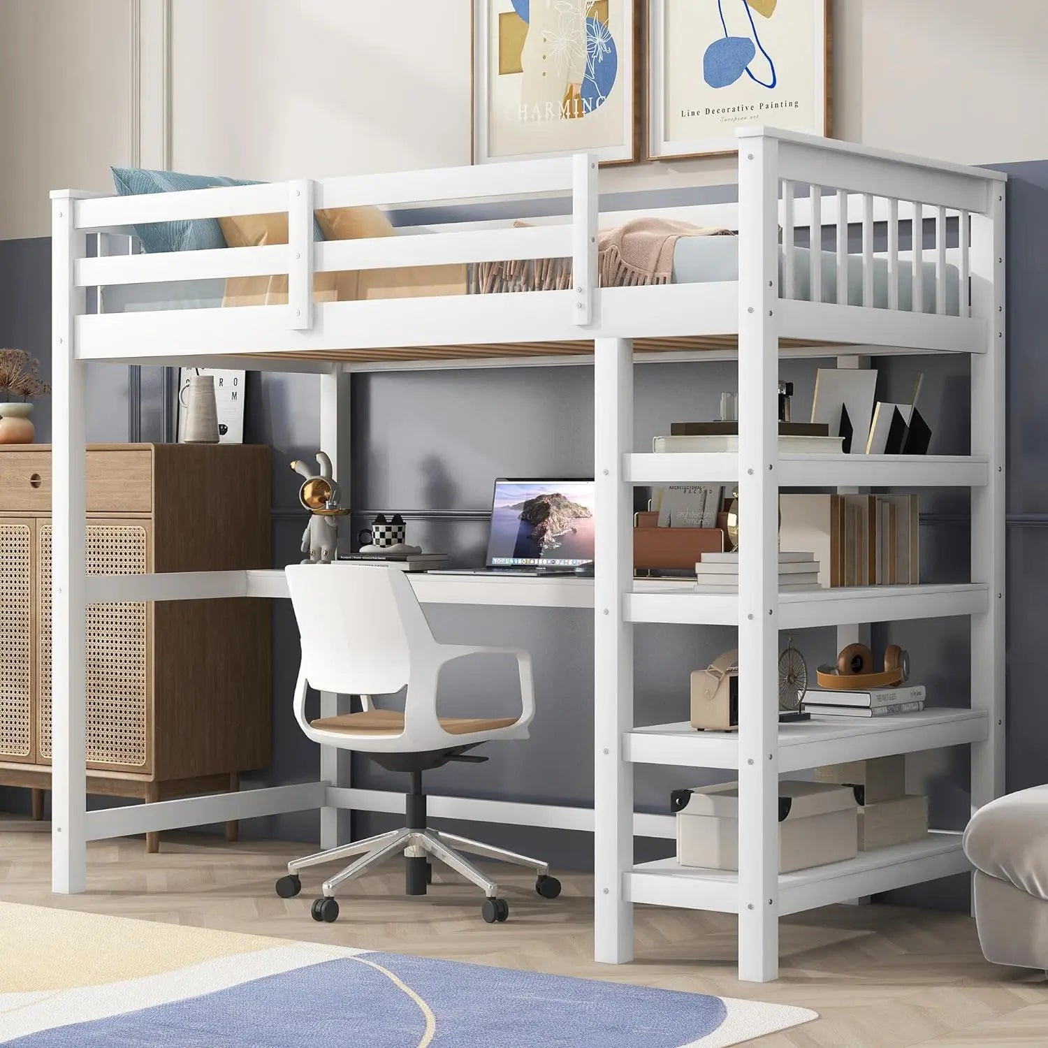 Twin Size Loft Bed with Desk and Shelves white