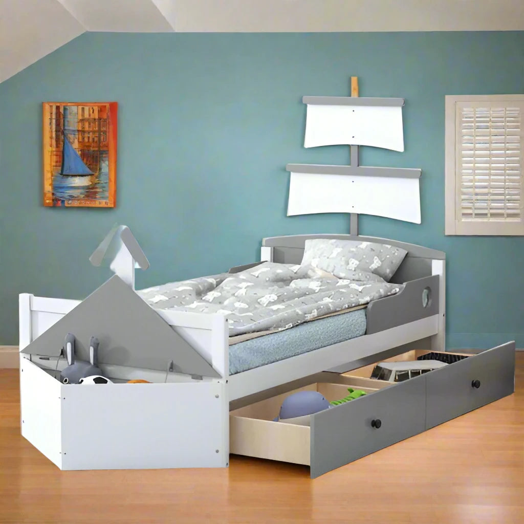 Twin Size Nautical Boat Platform Bed with 2 Storage Drawers greay