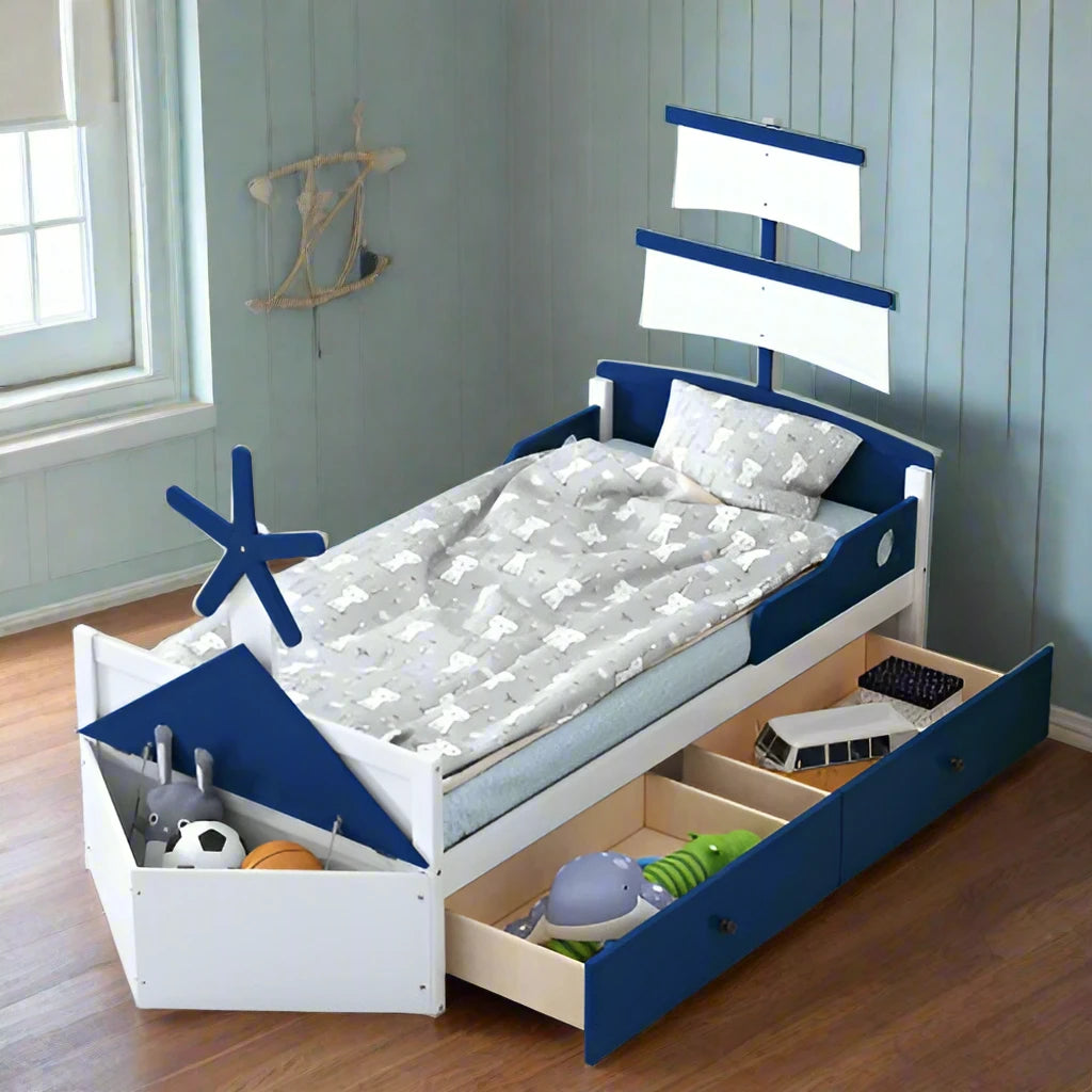 Twin Size Nautical Boat Platform Bed with 2 Storage Drawers looking down