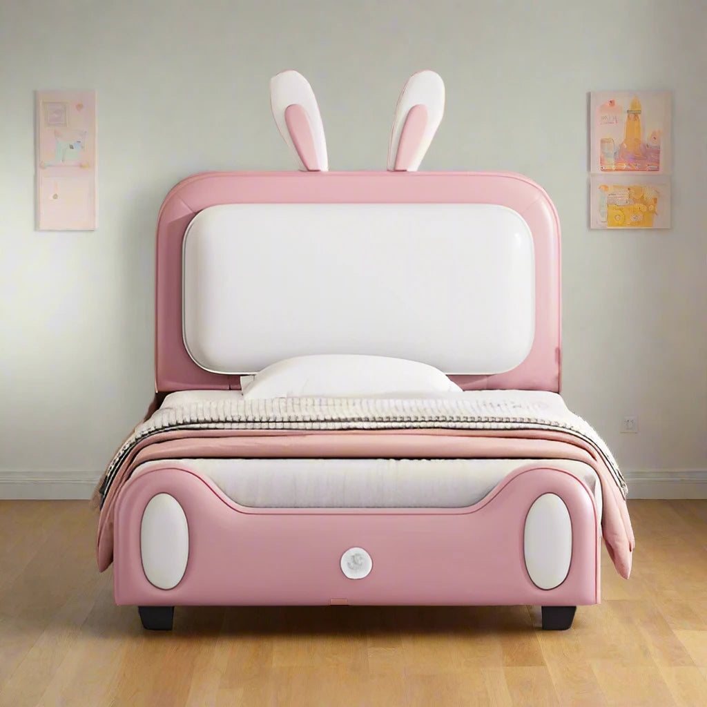 Upholstered Bunny Rabbit Twin Platform Bed with Headboard and Footboard
