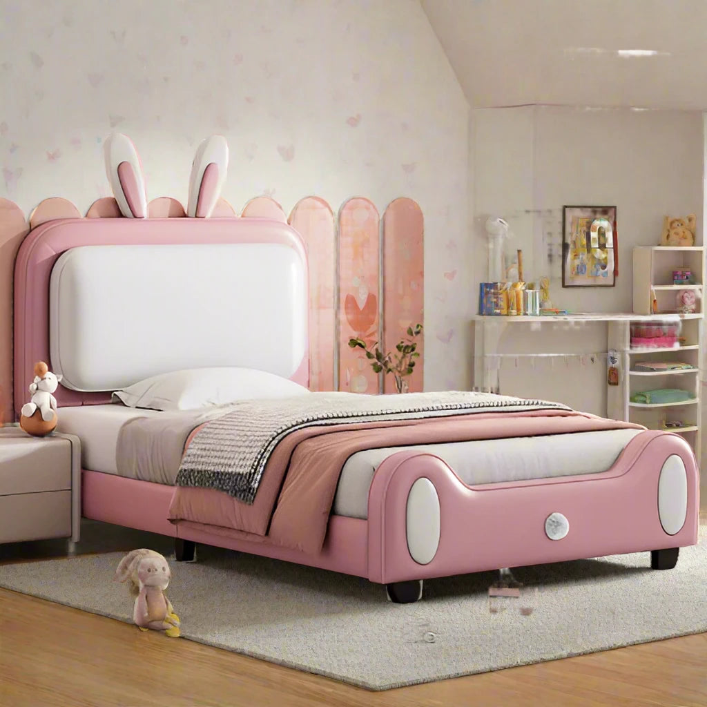 Upholstered Bunny Rabbit Twin Platform Bed with Headboard and Footboard white and pink