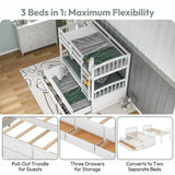Twin over twin bunk bed converts to a trundle bed, storage drawers, and two separate beds
