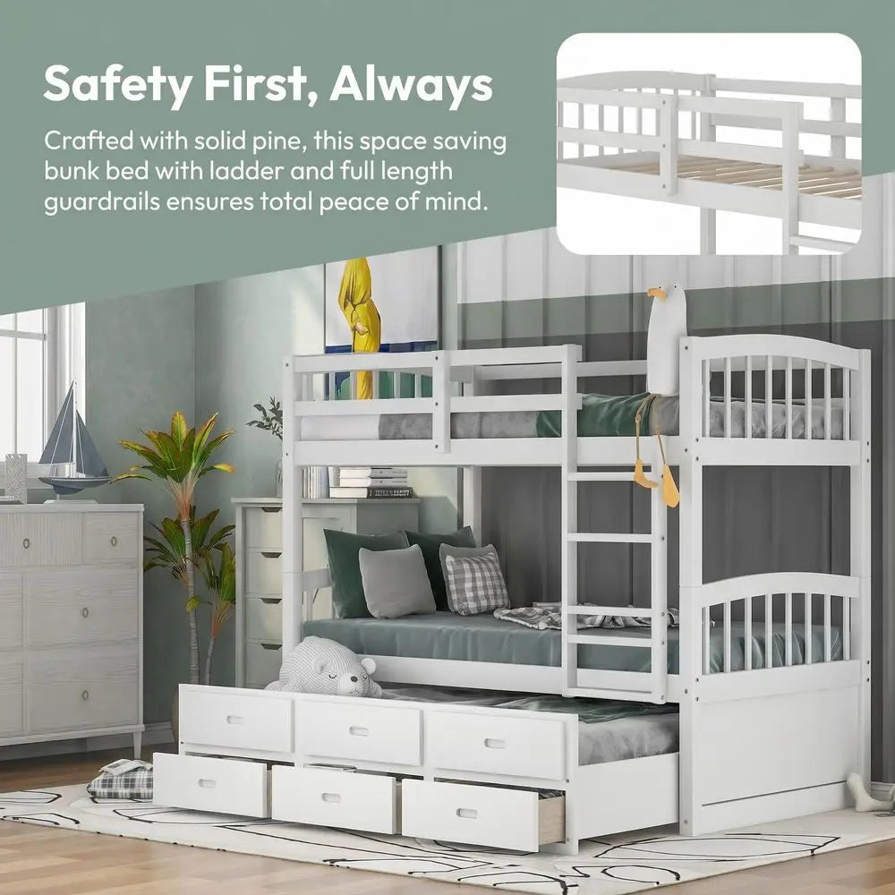 Solid pine twin over twin bunk bed with full-length guardrails and ladder