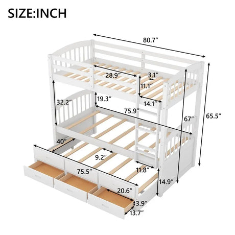 Twin over twin bunk bed with trundle dimensions in inches