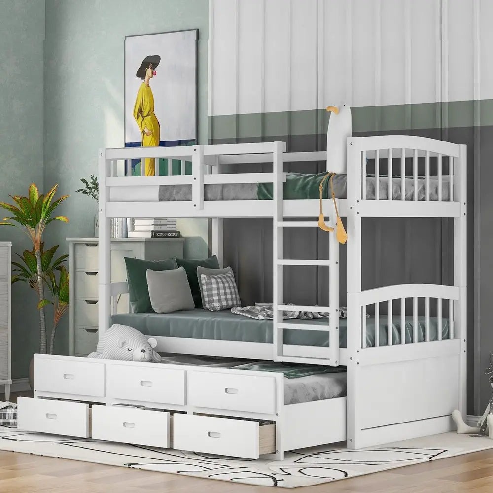 White twin over twin bunk bed with pull-out trundle and 3 storage drawers in a kids bedroom