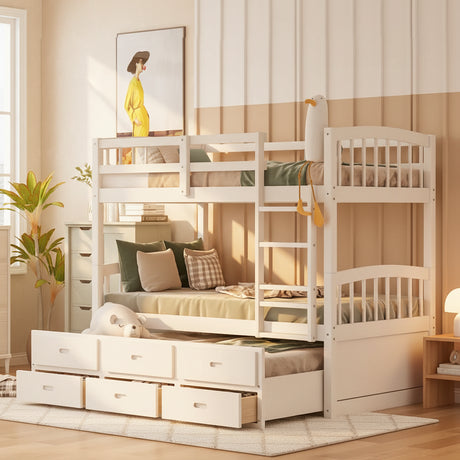 White twin over twin bunk bed with pull-out trundle and 3 storage drawers in a kids bedroom