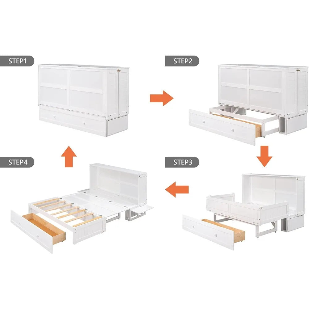 Queen Size Murphy Cabinet Bed with Storage, Drawer and Shelves steps to open